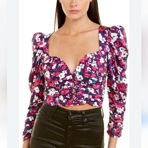 For Love and Lemons Penny Blouse Fuschia Puff Sleeve Button Front sz Large